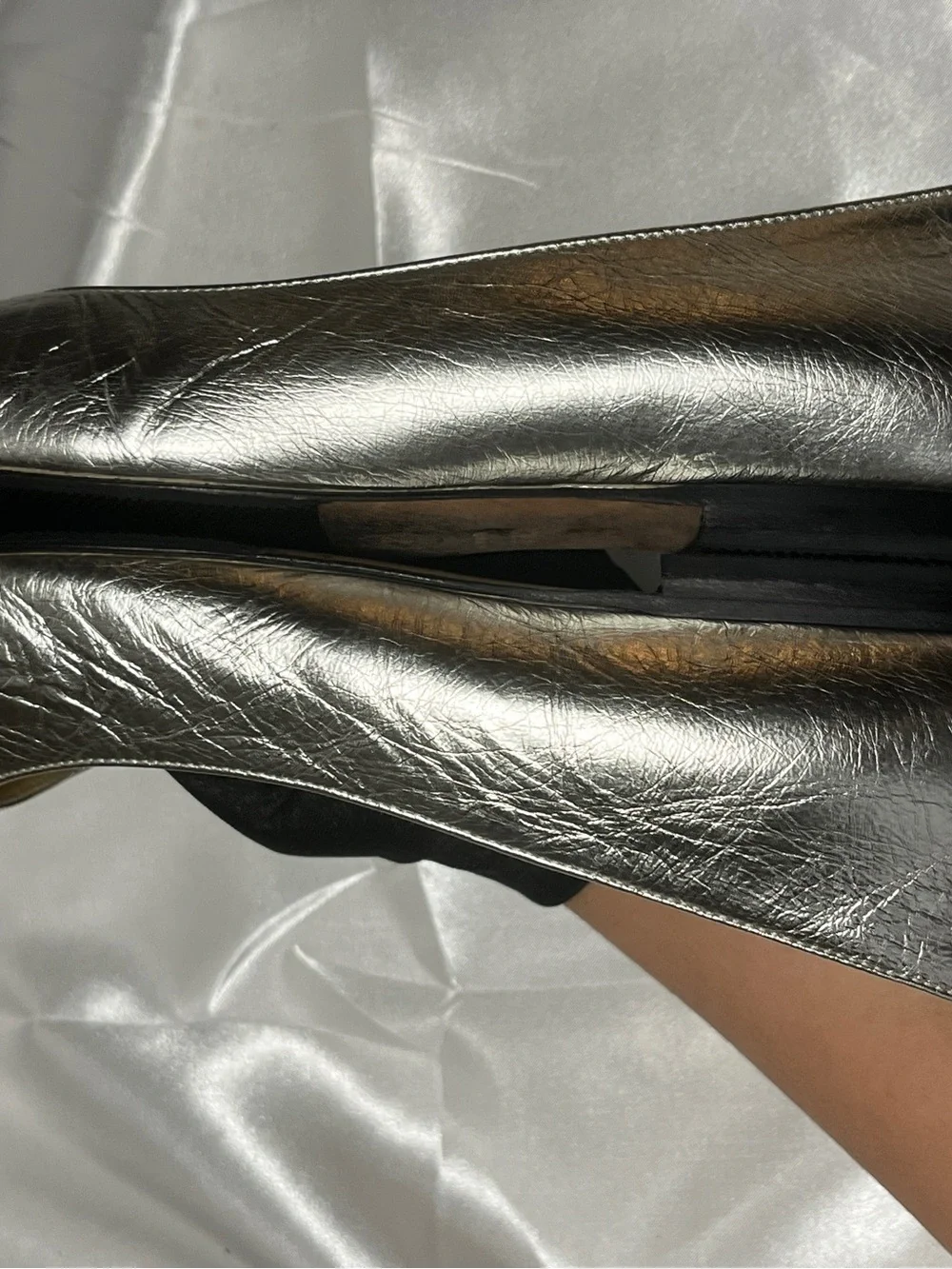 CHANEL Silver Metallic Leather Ballet Flats with Black Cap Toe